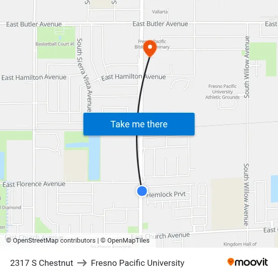 2317 S Chestnut to Fresno Pacific University map