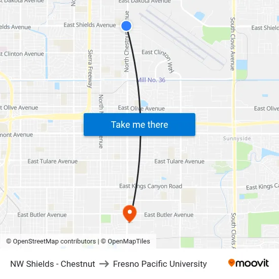 NW Shields - Chestnut to Fresno Pacific University map