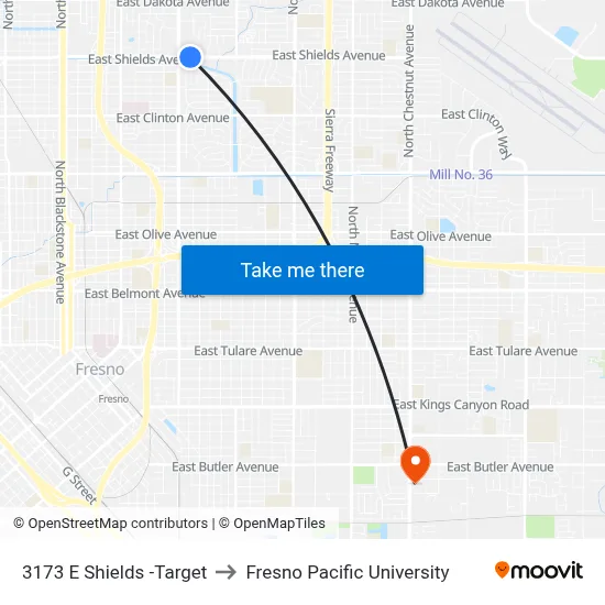 3173 E Shields -Target to Fresno Pacific University map