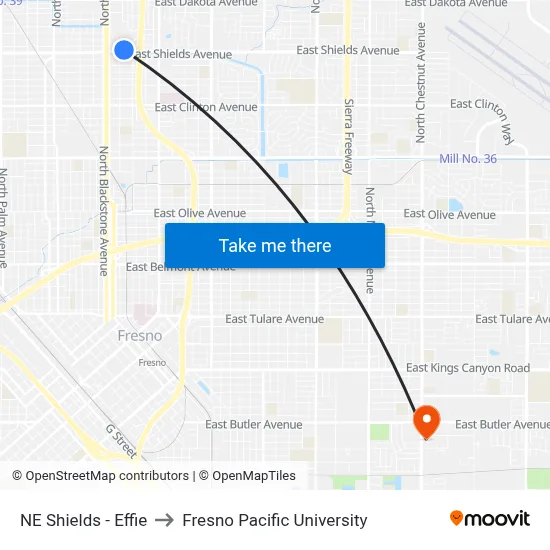 NE Shields - Effie to Fresno Pacific University map