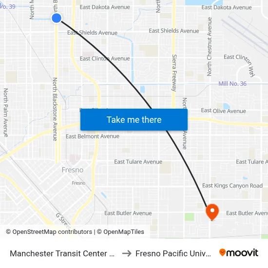 Manchester Transit Center Wb 41 to Fresno Pacific University map