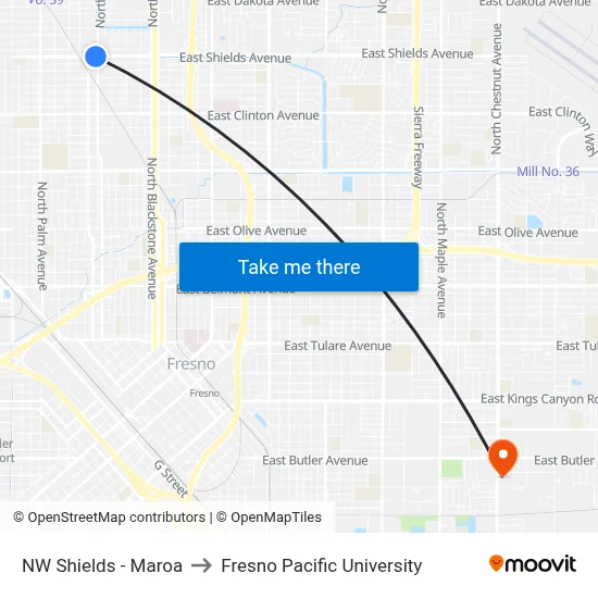 NW Shields - Maroa to Fresno Pacific University map
