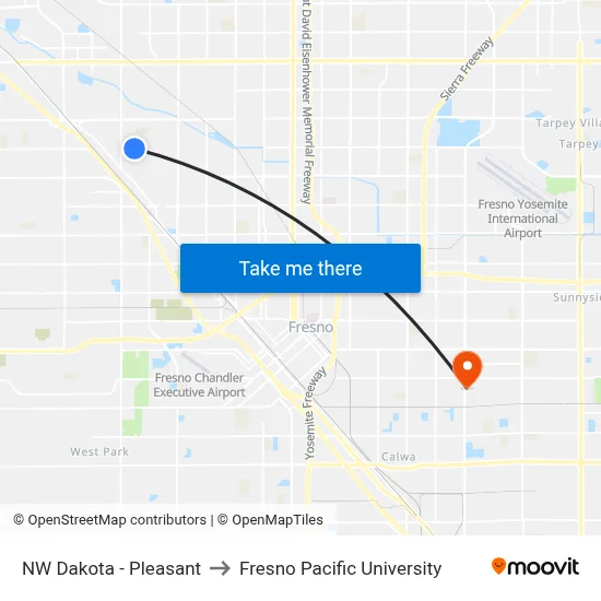 NW Dakota - Pleasant to Fresno Pacific University map