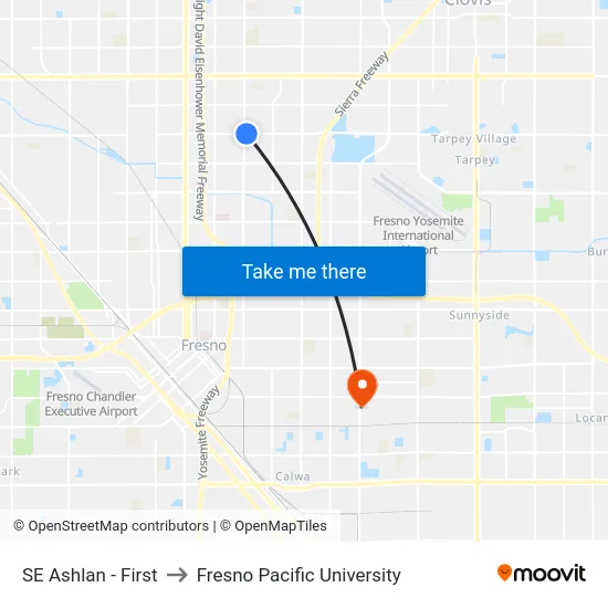 SE Ashlan - First to Fresno Pacific University map