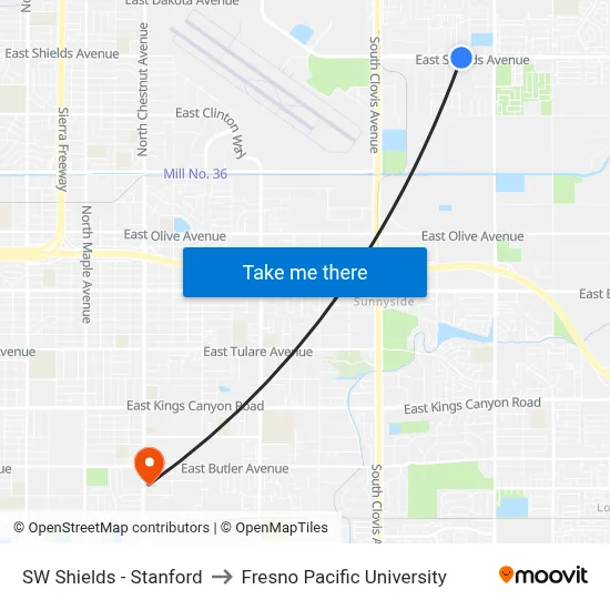 SW Shields - Stanford to Fresno Pacific University map