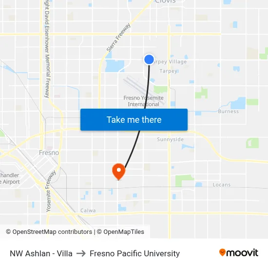 NW Ashlan - Villa to Fresno Pacific University map