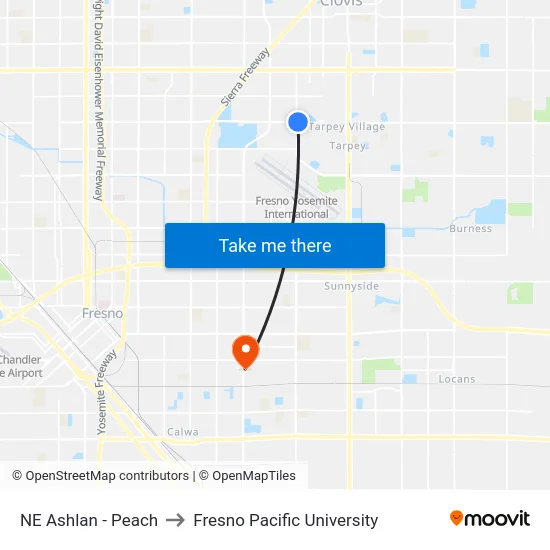 NE Ashlan - Peach to Fresno Pacific University map