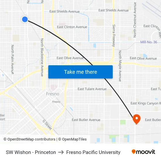 SW Wishon - Princeton to Fresno Pacific University map