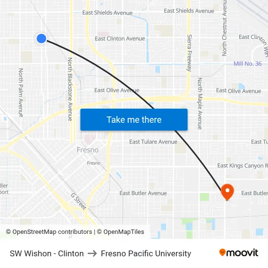 SW Wishon - Clinton to Fresno Pacific University map