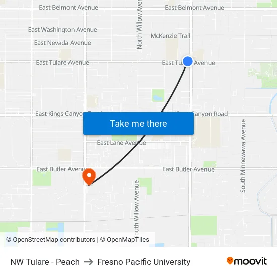 NW Tulare - Peach to Fresno Pacific University map