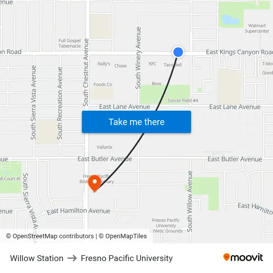 Willow Station to Fresno Pacific University map