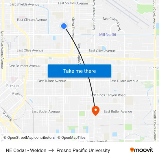 NE Cedar - Weldon to Fresno Pacific University map