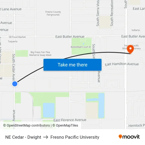 NE Cedar - Dwight to Fresno Pacific University map