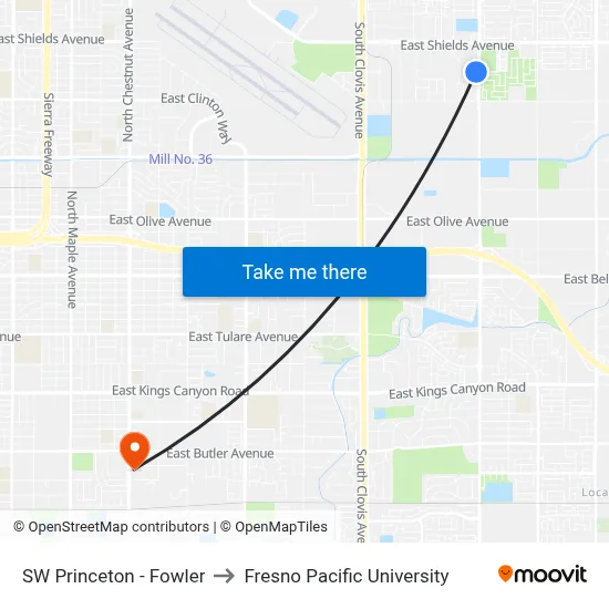 SW Princeton - Fowler to Fresno Pacific University map