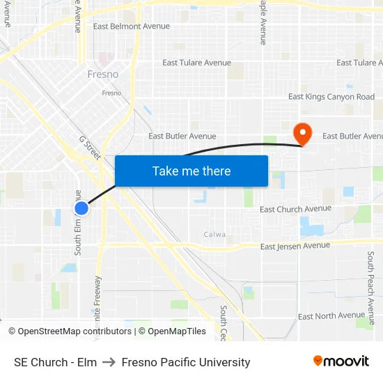 SE Church - Elm to Fresno Pacific University map