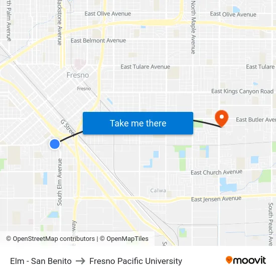 Elm - San Benito to Fresno Pacific University map