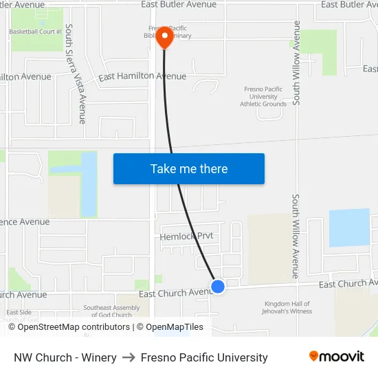 NW Church - Winery to Fresno Pacific University map