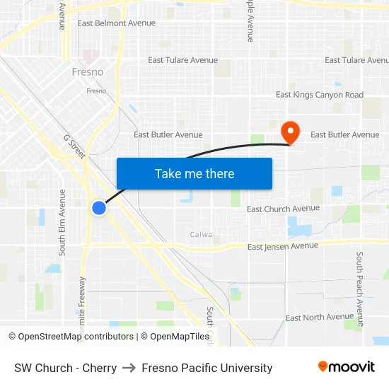 SW Church - Cherry to Fresno Pacific University map