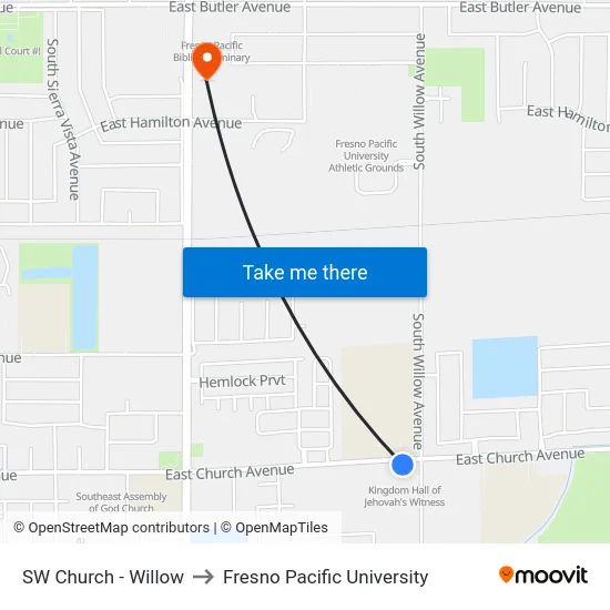 SW Church - Willow to Fresno Pacific University map