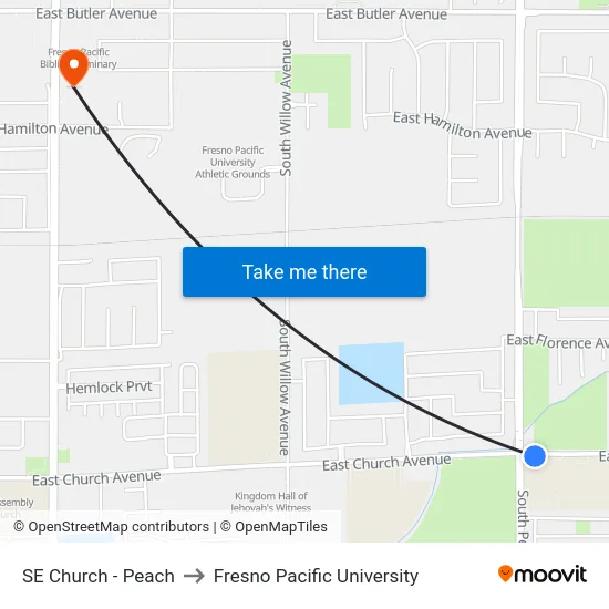 SE Church - Peach to Fresno Pacific University map
