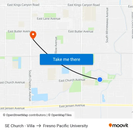 SE Church - Villa to Fresno Pacific University map