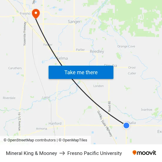 Mineral King & Mooney to Fresno Pacific University map