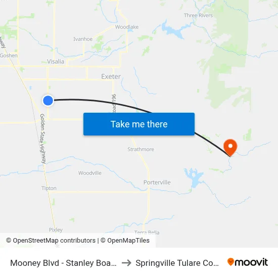 Mooney Blvd - Stanley Boat & Rv Storage to Springville Tulare County CA USA map