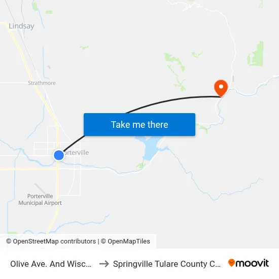 Olive Ave. And Wisconsin to Springville Tulare County CA USA map