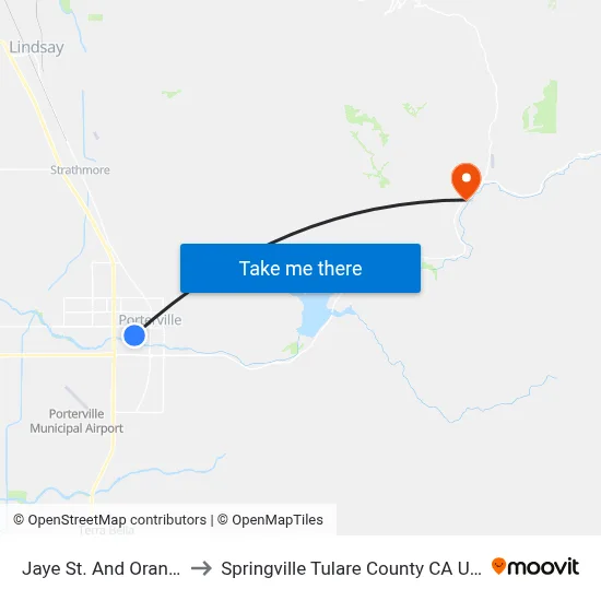 Jaye St. And Orange to Springville Tulare County CA USA map