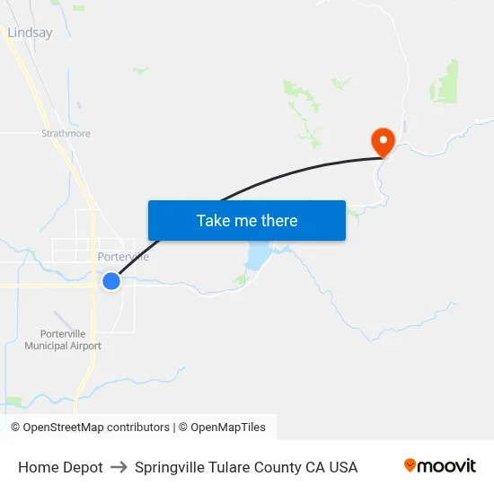 Home Depot to Springville Tulare County CA USA map