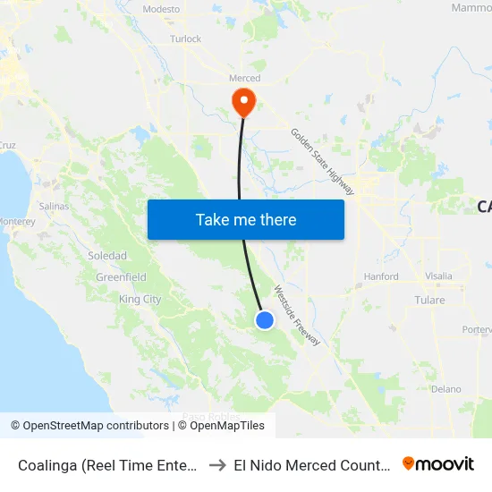 Coalinga (Reel Time Entertainment) to El Nido Merced County CA USA map