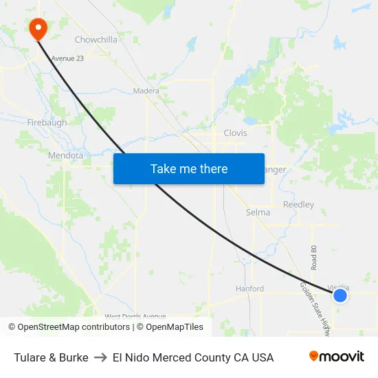 Tulare & Burke to El Nido Merced County CA USA map