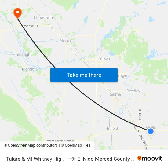 Tulare & Mt Whitney High School to El Nido Merced County CA USA map