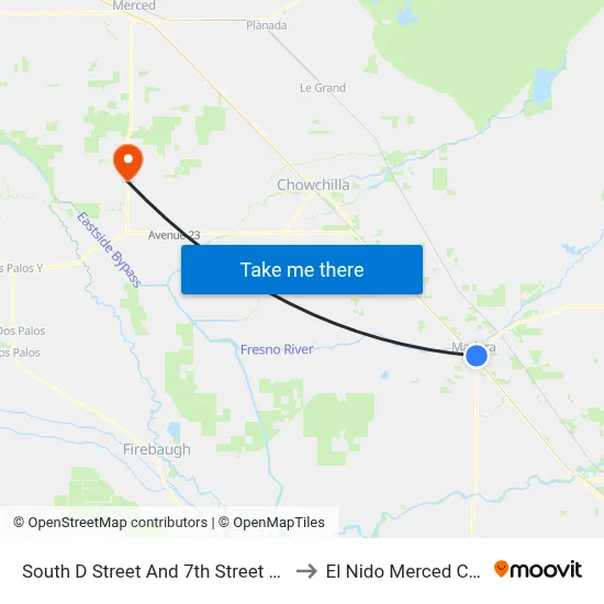 South D Street And 7th Street (Frank Bergon Center) to El Nido Merced County CA USA map