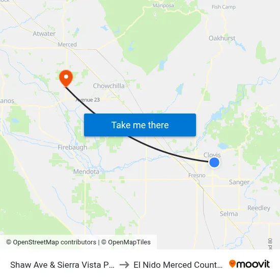 Shaw Ave & Sierra Vista Parkway Eb to El Nido Merced County CA USA map