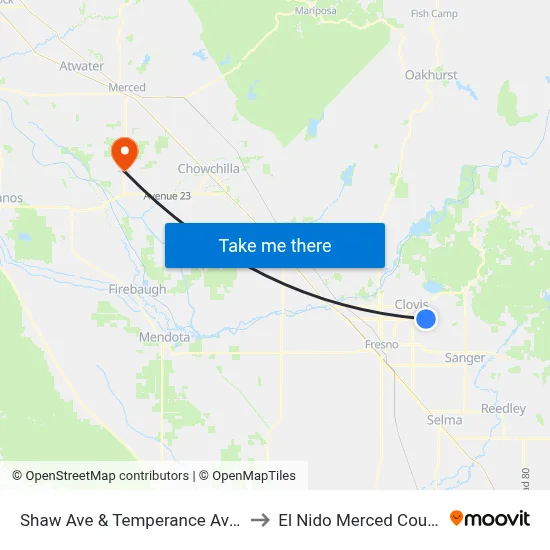 Shaw Ave & Temperance Ave Eb (Transfer) to El Nido Merced County CA USA map