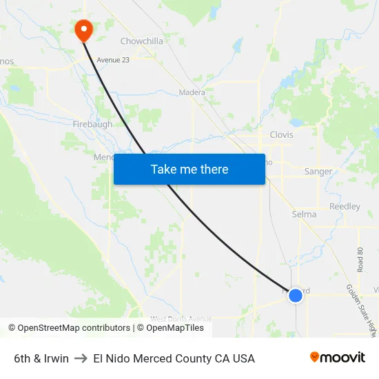 6th & Irwin to El Nido Merced County CA USA map