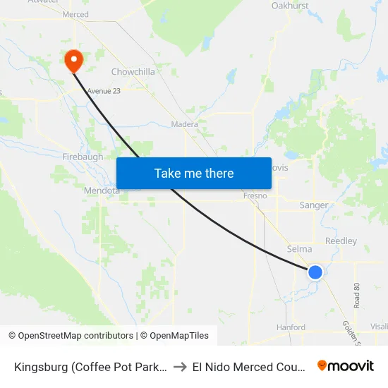 Kingsburg (Coffee Pot Park Bus Shelter) to El Nido Merced County CA USA map