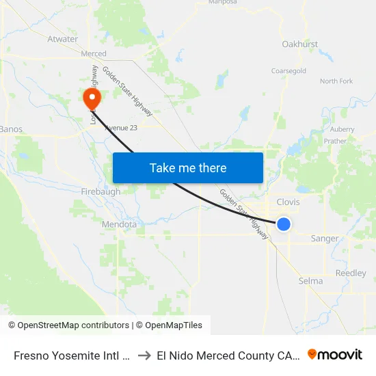 Fresno Yosemite International Airport to El Nido Merced County CA USA map