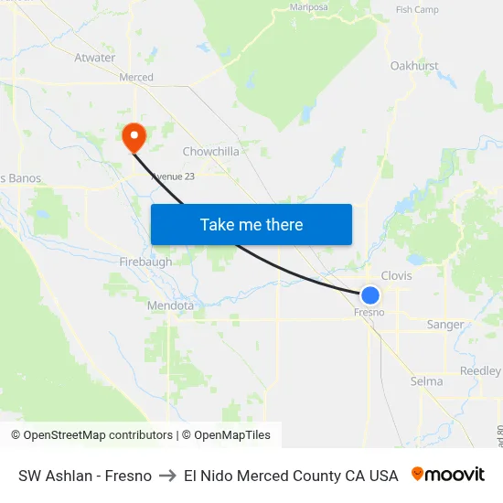 SW Ashlan - Fresno to El Nido Merced County CA USA map