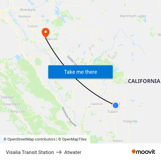 Visalia Transit Station to Atwater map
