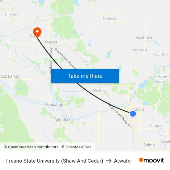 Fresno State University (Shaw And Cedar) to Atwater map