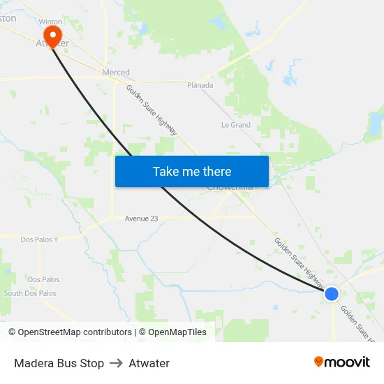 Madera Bus Stop to Atwater map