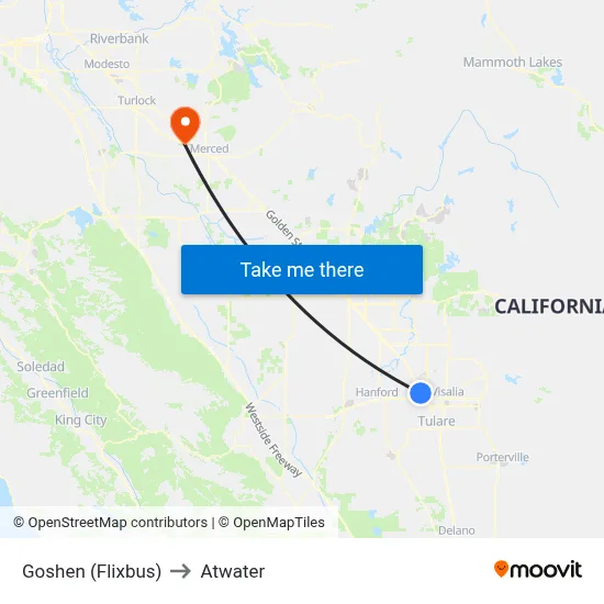 Goshen (Flixbus) to Atwater map