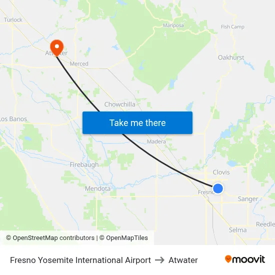Fresno Yosemite International Airport to Atwater map