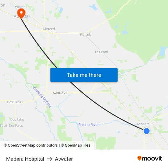 Madera Hospital to Atwater map