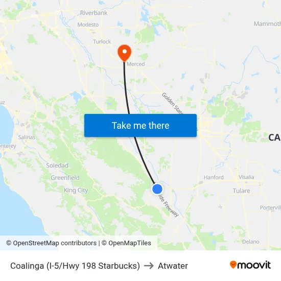 Coalinga (I-5/Hwy 198 Starbucks) to Atwater map