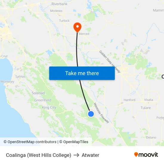 Coalinga (West Hills College) to Atwater map