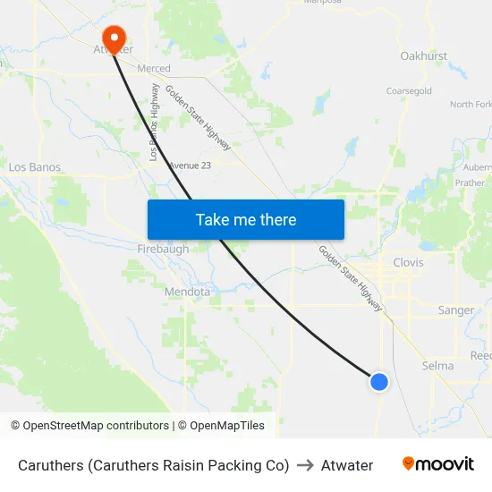 Caruthers (Caruthers Raisin Packing Co) to Atwater map