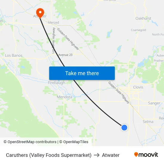 Caruthers (Valley Foods Supermarket) to Atwater map